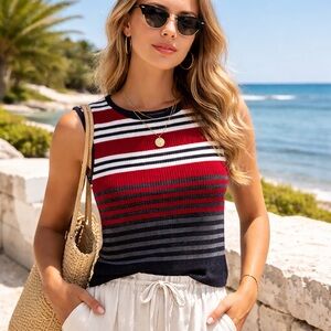 Vintage Y2K All Points Striped Ribbed Sweater Tank Top Red Navy Cotton L